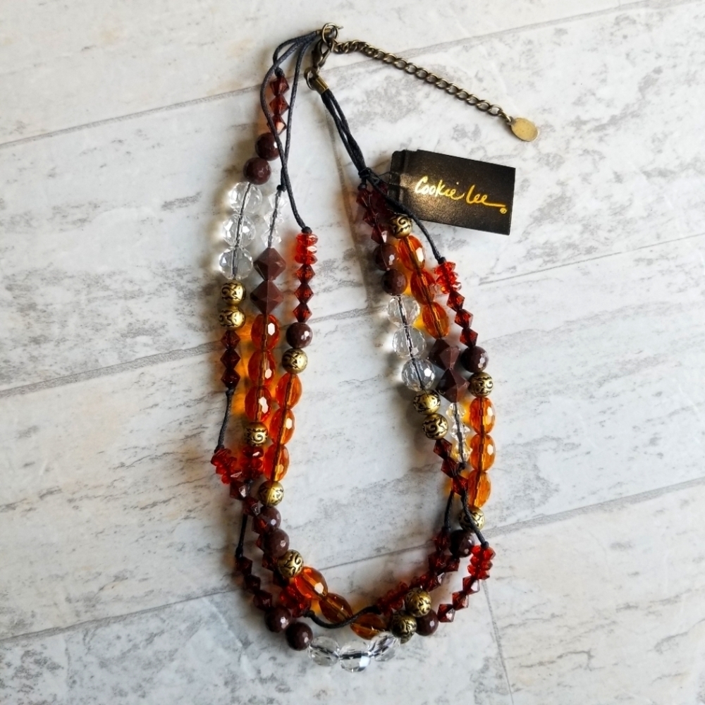 Cookie Lee glass bead necklace brown orange gold NWT